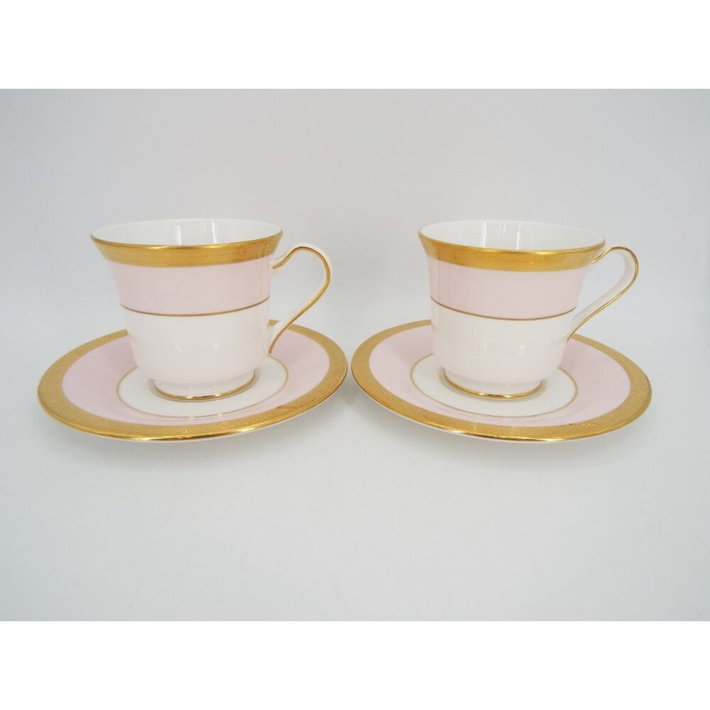 Pair of Mary Kay China Pink with Gold Encrusted Band Tea Cups with Saucers